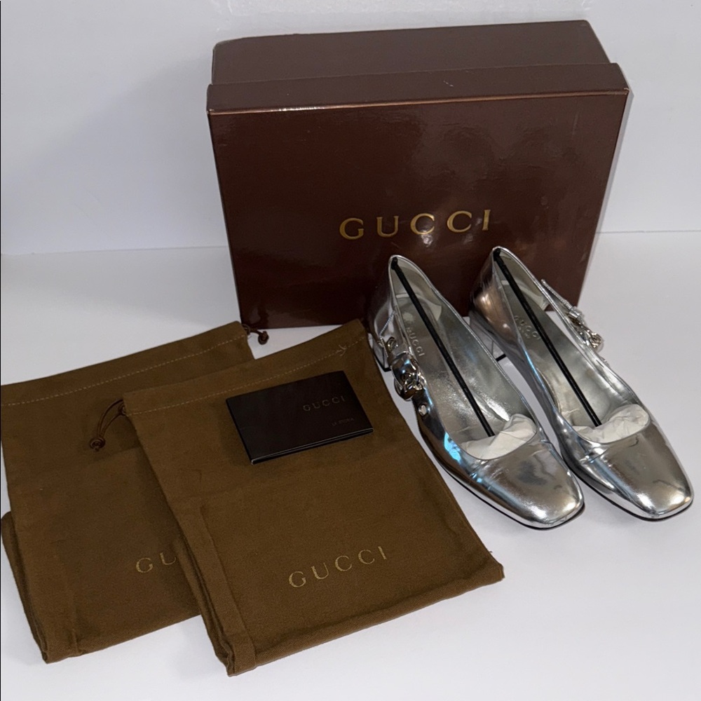 Rare Gucci Scar Pelle S Cuoio Argento Equestrian Silver Patent Women Sz 36 C 6C